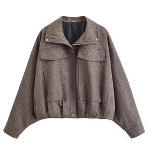 Damen Fischgrät Bomberjacke Lässige Lockere Kurze Jacke Mit Revers Reißverschluss Taschen Vintage Kaffee Wolloptik Oberbekleidung