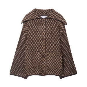 Women's oversized knit cardigan with geometric pattern and large lapels in brown and beige