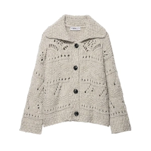 Oversized oatmeal chunky knit cardigan with wide lapel and hollow crochet details