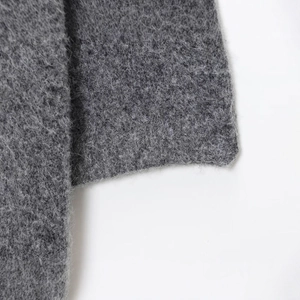 Elegant grey short sleeve knit sweater featuring luxury bead trim and soft plush texture
