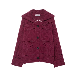 Women's deep purple chunky knit cardigan with oversized lapel and openwork hollow patterns