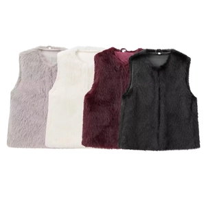 Women's Elegant Faux Fur Vest Round Neck Sleeveless Warm Furry Waistcoat Solid Color Autumn Winter Outerwear for Women