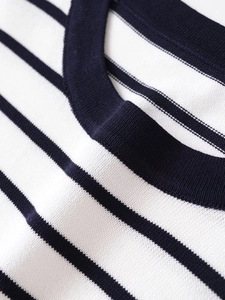 Detailed view of the ribbed navy neckline and classic striped knit fabric texture