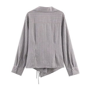 Women's long sleeve striped shirt with turn-down collar and asymmetric tie-waist hem