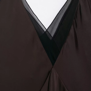 Women's backless slip nightdress with deep V-neck and black mesh details in coffee brown