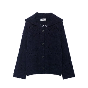 Navy blue knitted cardigan with lapel collar and openwork patterns in a loose fit