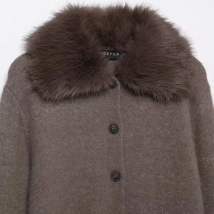 Women's dark coffee knit cardigan featuring a plush faux fur collar and button closure