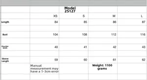 Detailed size chart for hooded long coat with length bust and sleeve measurements