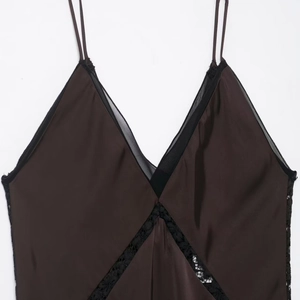 Coffee satin slip nightgown with deep V-neck, black lace mesh trim and thin double straps