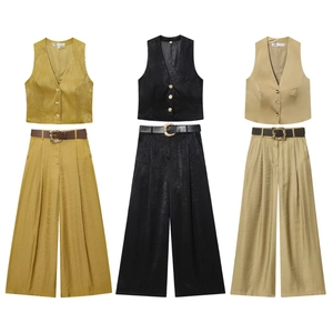 Women Satin Look Sleeveless Vest Top And Wide Leg Pants Solid Color Office Lady Elegant Outfit Golden Buttons V Neck