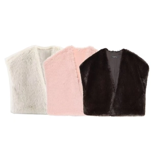 Women's faux fur sleeveless vest in beige, pink, and dark coffee short style