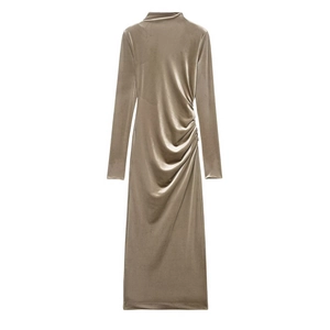 Elegant Velvet Pleated Maxi Dress For Women High Neck Long Sleeve Ruching Solid Color Evening Party Social Straight Gown