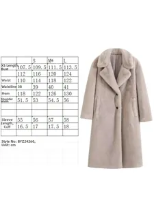 Size chart with detailed measurements for women long faux mink fur coat in light taupe
