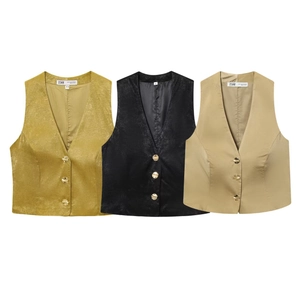 Women's V-neck satin vests in gold-green, black, and beige with metallic buttons