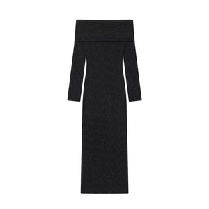 Robe Maxi Élégante en Dentelle Épaules Dénudées pour Femmes Noir Coupe Ajustée Manches Longues Style Célébrité Robe de Soirée