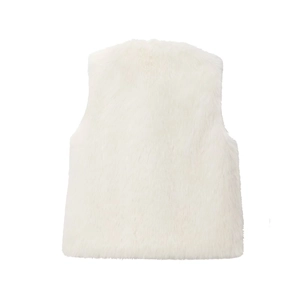 Close-up of pure white faux fur vest texture showing soft fluffy long plush fibers