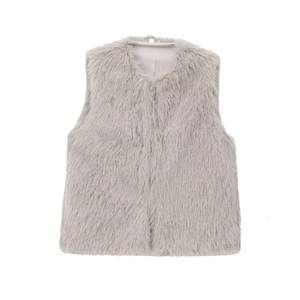 Women's chic light grey faux fur vest with a fluffy texture and round neckline style