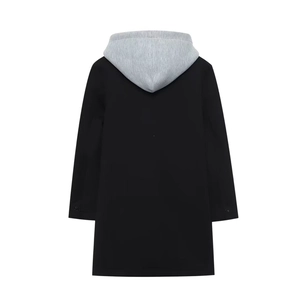 Women's black long sleeve mid-length hooded coat with grey detachable drawstring hood