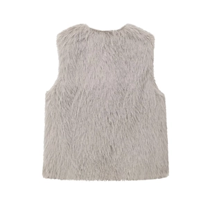 Close-up of grey faux fur vest texture featuring plush synthetic fibers and clean stitching
