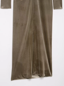 Detailed view of the velvet fabric texture and drape of this long sleeve autumn dress