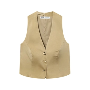 Women's tailored khaki satin vest with deep V-neck and decorative gold buttons