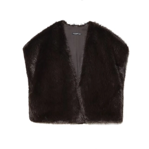 Women's faux fur vest in deep brown plush finish with inner lining and sleeveless design