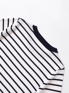 Detail of the crew neckline and shoulder seam on a black and white striped knit top