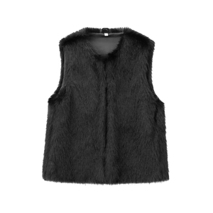 Chic black faux fur vest for women with plush texture and minimalist sleeveless design