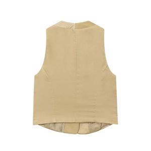 Rear view of khaki satin-textured suit vest with center seam and tailored waistline
