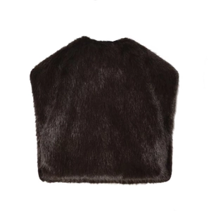 Rear view of deep brown faux fur vest showcasing the rich texture and glossy finish