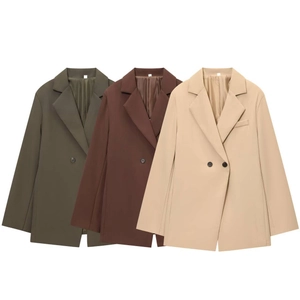 Women Loose Oversized Blazer Double Breasted Polyester Jacket Office Commuter Casual Outerwear With Pockets Solid Color