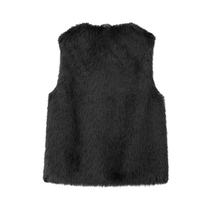 Detailed back view of a black faux fur vest featuring long-haired plush texture