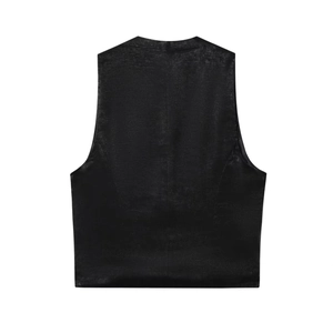 Detail of the back view of a black satin sleeveless top with elegant tailoring lines