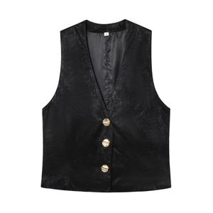 Women's black satin vest top with deep V-neck and decorative gold buttons