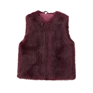 Chic burgundy faux fur vest for women with V-neck sleeveless design and plush texture