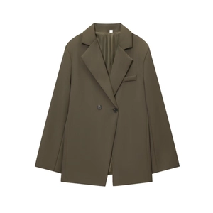 Fashionable olive green double-breasted blazer with waist design and peaked lapels