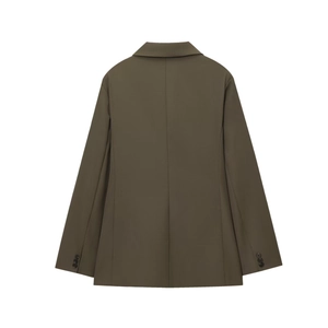 Rear view of deep olive green blazer showing back seam detail and buttoned cuffs