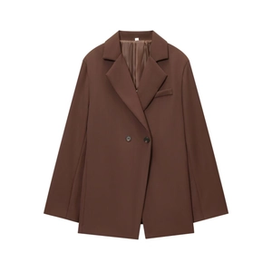 Women's dark brown oversized blazer featuring peak lapel and double-breasted button design