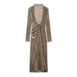 Elegant deep V-neck long sleeve velvet dress with side ruching in charcoal gray