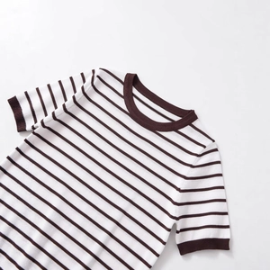 Short-sleeved knitted top with classic brown and white stripes and ribbed crew neck