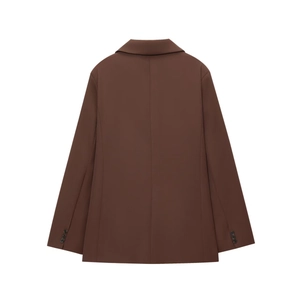 Back view of a coffee brown long-sleeve blazer with classic mid-seam and buttoned cuffs