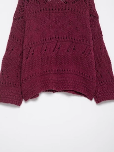 Detail of burgundy chunky knit cardigan featuring delicate pointelle cutout patterns