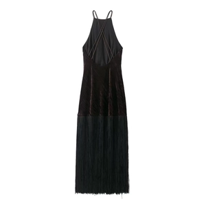 Elegant velvet halter neck dress with long fringe hem and open back detail