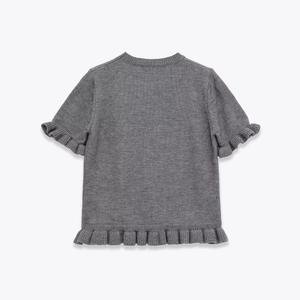 Top in maglia grigia per bambina con bordo a volant e scollo rotondo classico