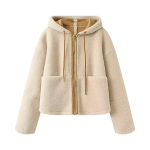 Veste à Capuche en Fausse Toison de Mouton pour Femme Décontractée Ample Fermeture Éclair Manteau Court en Peluche avec Poches Automne Hiver