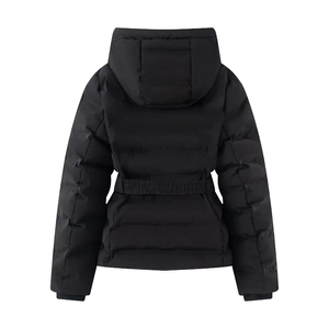 Women's slim fit hooded winter coat in black with quilted pattern and elastic waist belt