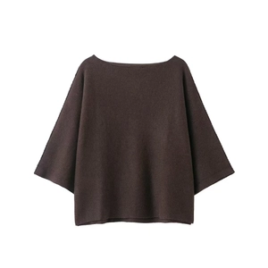Detail of dark brown knit top featuring a chic lapel collar and relaxed drop shoulder
