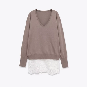 Pull en Tricot à Manches Longues et Col en V pour Femmes avec Ourlet en Dentelle Patchwork Top Élégant en Polyester pour Automne