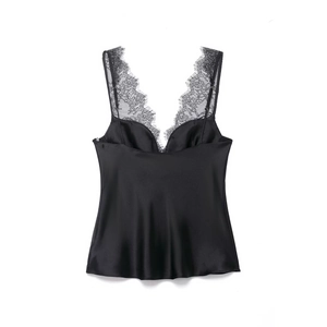 Eleganter schwarzer Satinstoff Cami-Top mit Wimpernspitze für Damen, Seidenoptik