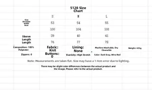 Detailed size chart for the open-front knit cardigan showing S, M, and L dimensions